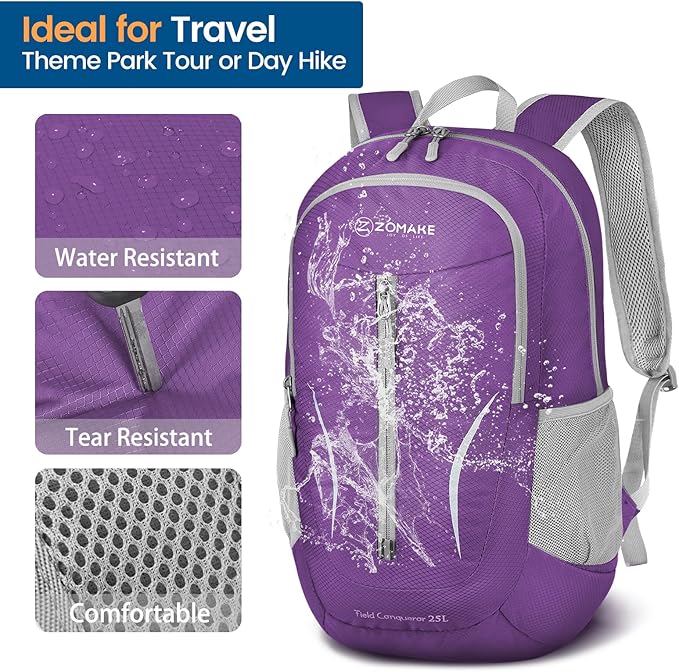 ZOMAKE Ultra Lightweight Packable Backpack 25L, Foldable Hiking Backpacks Water Resistant Small Folding Daypack for Travel(Purple)