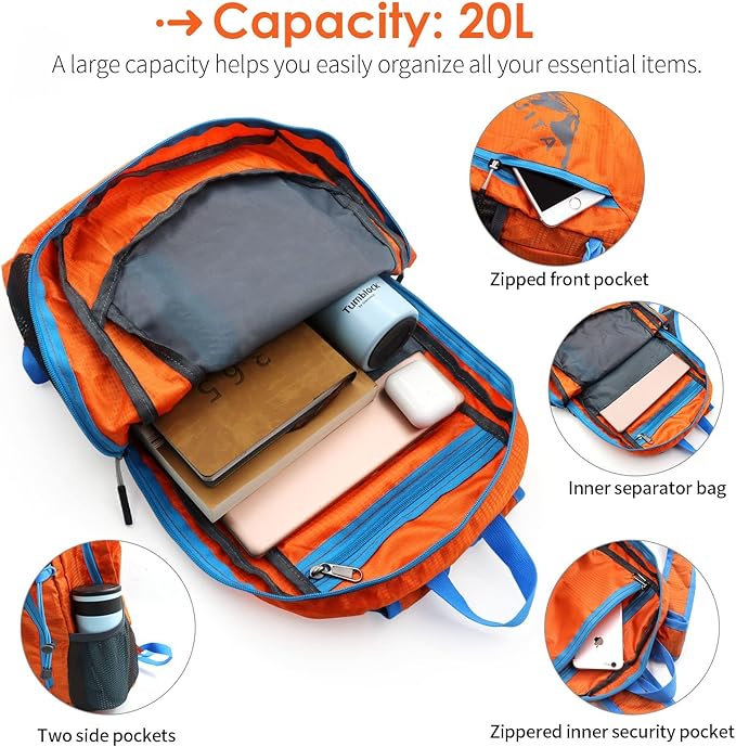 20L Lightweight Hiking Backpack, Foldable Waterproof Back Pack, Packable Small Travel Backpack for Men, Ultra Lightweight Backpack for Women Men(Orange)