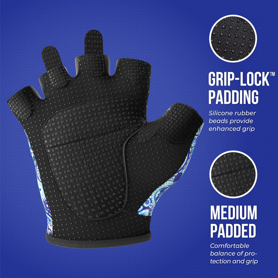 Contraband Pink Label 5387 Womens Design Series Paisley Print Lifting & Rowing Gloves (Pair) - Lightweight Vegan Medium Padded Microfiber Amara Leather w/Griplock Silicone (Blue, X-Small)