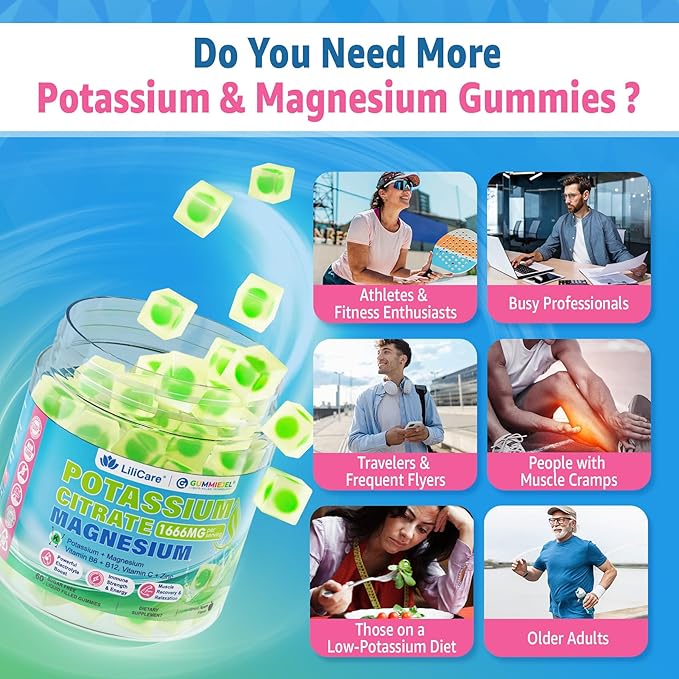 Potassium Citrate Gummies 1666mg for Adults - Potassium Supplement, Magnesium Glycinate, Zinc, B6, B12 & C – Electrolyte Gummies for Energy, Muscle Recovery & Leg Cramps, Sugar-Free, Vegan 60 Cts