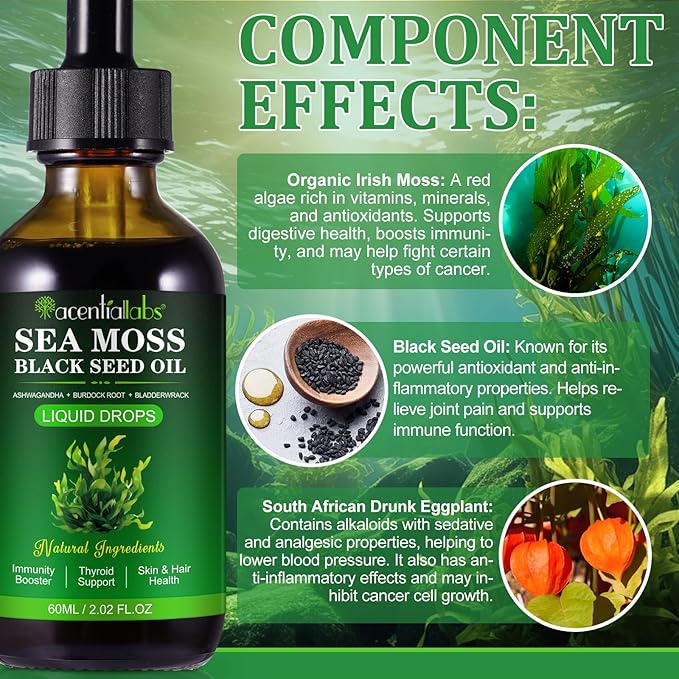 Sea Moss Liquid Drops - Irish Sea Moss with Burdock Root, Black Cumin, Bladderwrack, Ashwagandha - Essential Minerals Seamoss Supplement for Immune, Joint, Digestion, Aging Support