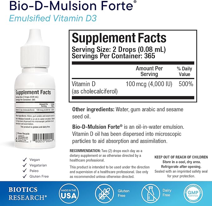 Biotics Research Bio-D-Mulsion Forte Liquid Vitamin D Drops 4000 IU – Vitamin D3 2000iu /Drop for Adults –Best Absorption, Strengthens Bones, Supports Cardiovascular & Immune System -1 fl oz