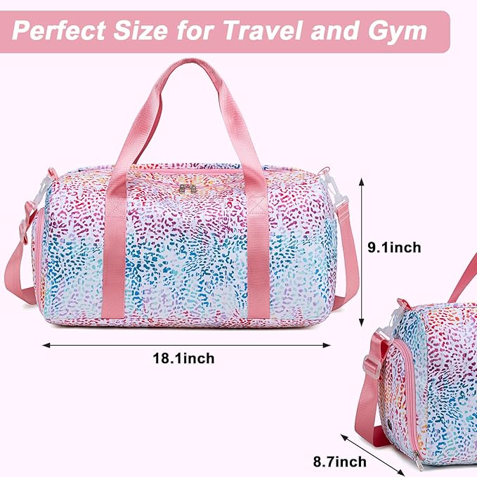 Gym Bag Sports Duffle Bag with Wet Pocket Weekender Overnight Bag with Waterproof Shoe Pouch and Air Hole for Girls Kids Women Travel Foldable Bag