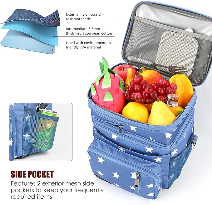 Lunch Bag & Lunch Box for Men Women Double Deck - Leakproof Insulated Soft Large Adult Lunch Cooler Bag for Work (Blue Pentagram,15L) MIYCOO