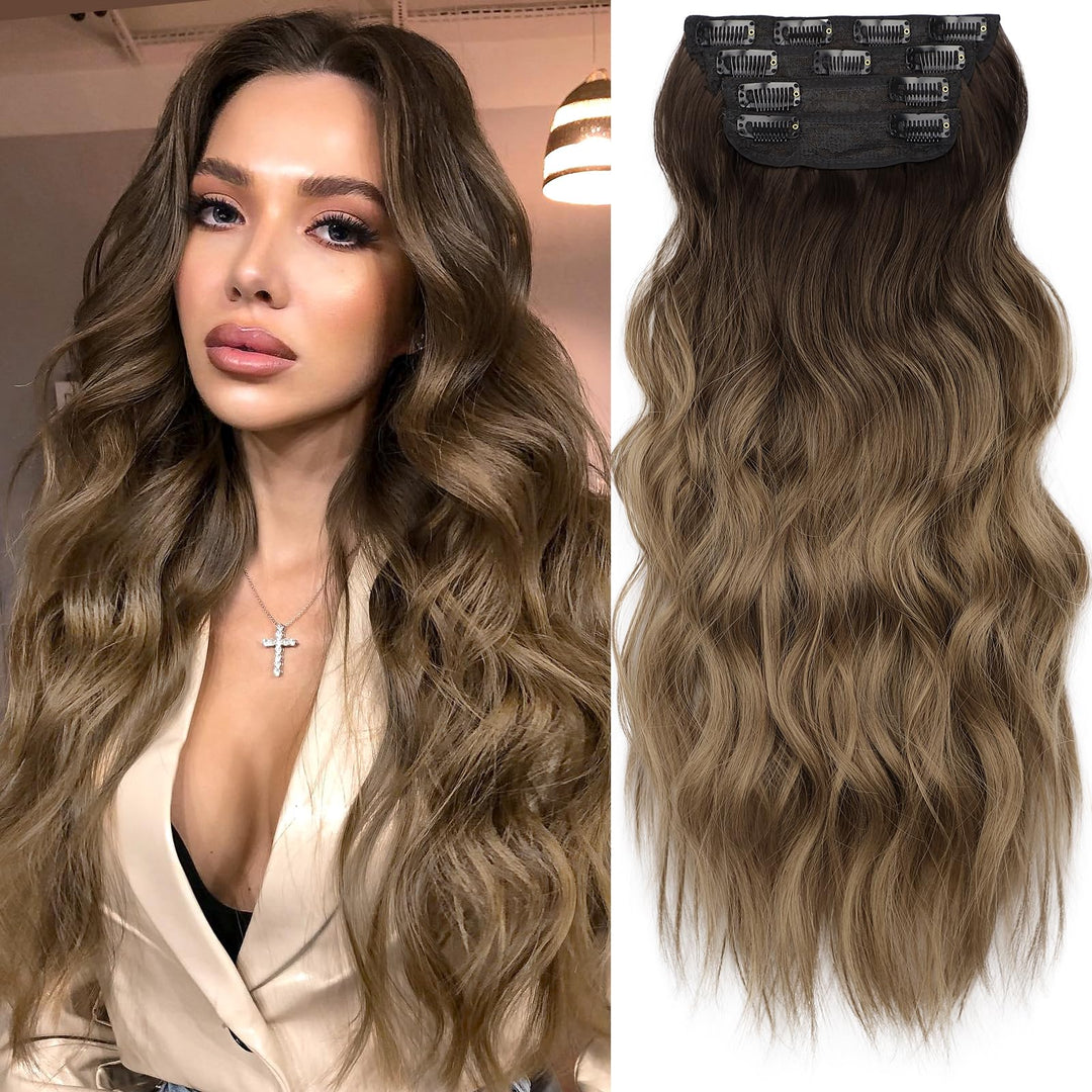 KooKaStyle Clip in Synthetic Hair Extensions Long Wavy 4PCS Thick Hairpieces Ombre Brown to Dirty Blonde Fiber Double Weft Natural Hair Extensions 20 Inch for Women