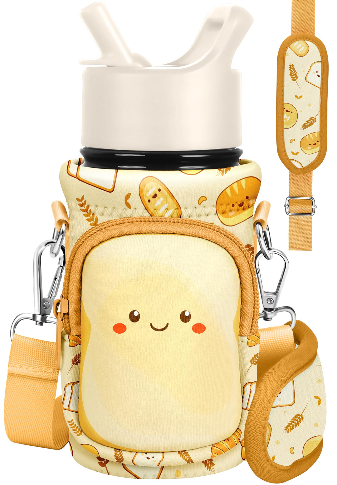Miss Adola Water Bottle Carrier with Strap Cartoon Water Bottle Bags Holder for Kids Boys Girls Neoprene Insulated Bottle Bag for 10/12/14/16/18Oz Stainless Steel Glass Bottles Sleeve, Toast