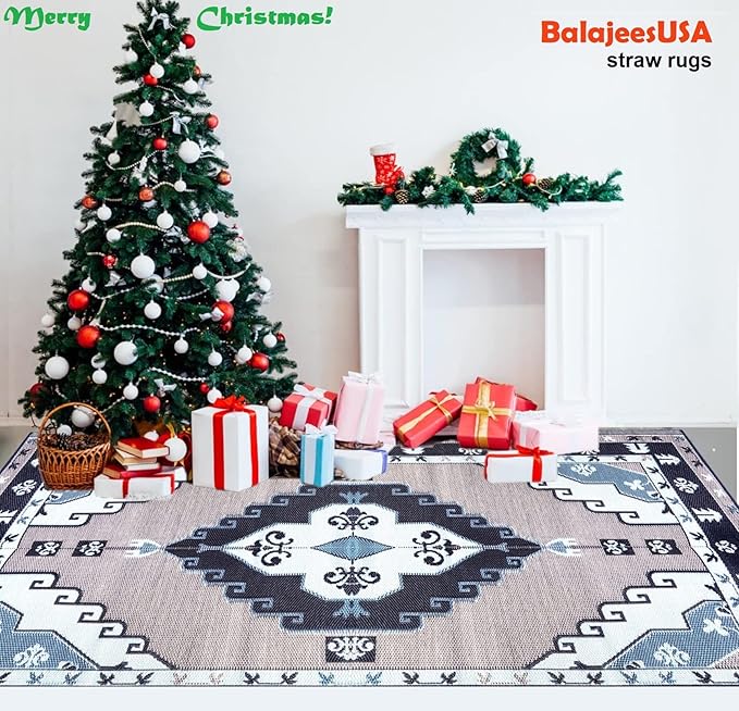 BalajeesUSA Outdoor Rug - 6x9 feet, Blue, Grey, Reversible, Portable, Duarable, Waterproof, Plastic straw patio rugs, Large RV camper mat 140