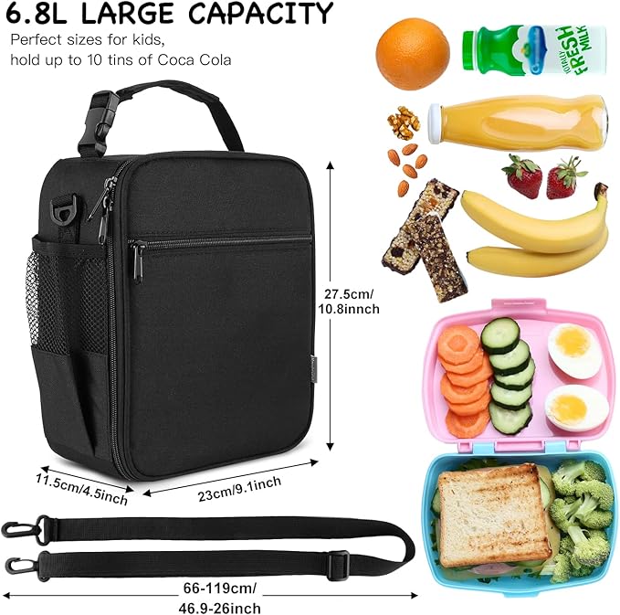 Kids Insulated Lunch Box Bag, Thermal Picnic Cool Bags with Adjustable Strap for Adults Children Women Men Boys Girls School Work (Black)