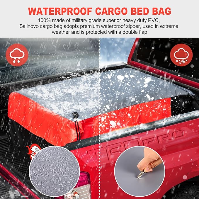 Sailnovo Truck Bed Cargo Bag, 26 Cubic ft 100% Waterproof Cargo Bag for Truck Bed, Heavy Duty PVC Truck Cargo Bag Fits Any Truck Size with 4 Stretch Cord, Packing Bag (50''x40''x22'') Red