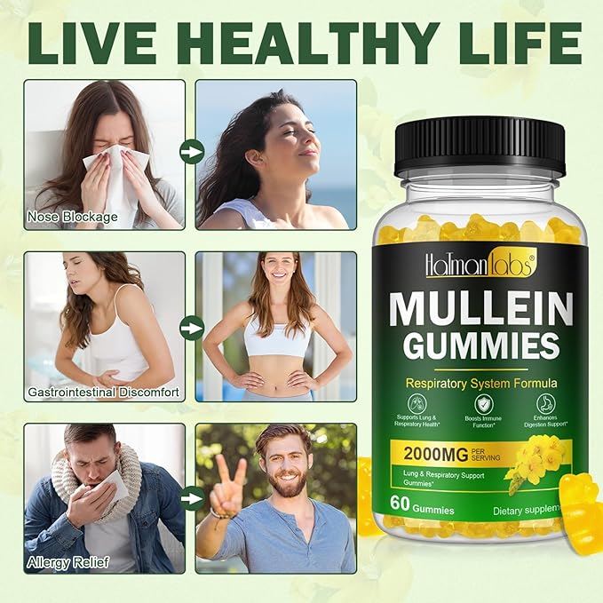120 Count Mullein Gummies for Lungs, 2000 MG(50:1 Extract) Mullein Leaf Extract for Lung Cleanse and Respiratory Support, Natural Mullein Herbal Supplement, Pear Flavor Gummies