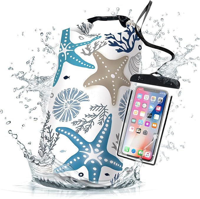 Waterproof Dry Bag,Roll Top Coral Starfish Coastal Waterproof Backpack 5L/10L/20L Floating and Lightweight Bags for Kayaking, Boating, Fishing, Swimming and Camping with Waterproof Phone Case