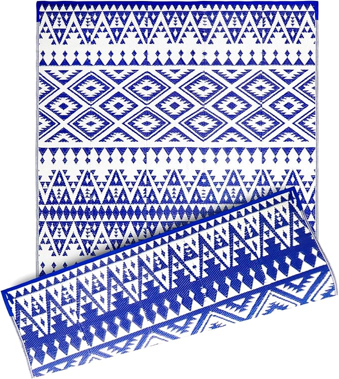 Outdoor Rug Mat for Patio, 6x9ft Waterproof Reversible Plastic Straw Rugs, Camping Carpet Area Mats for RV, Porch, Deck, Backyard, Balcony, Camper, Trailer, Blue & White