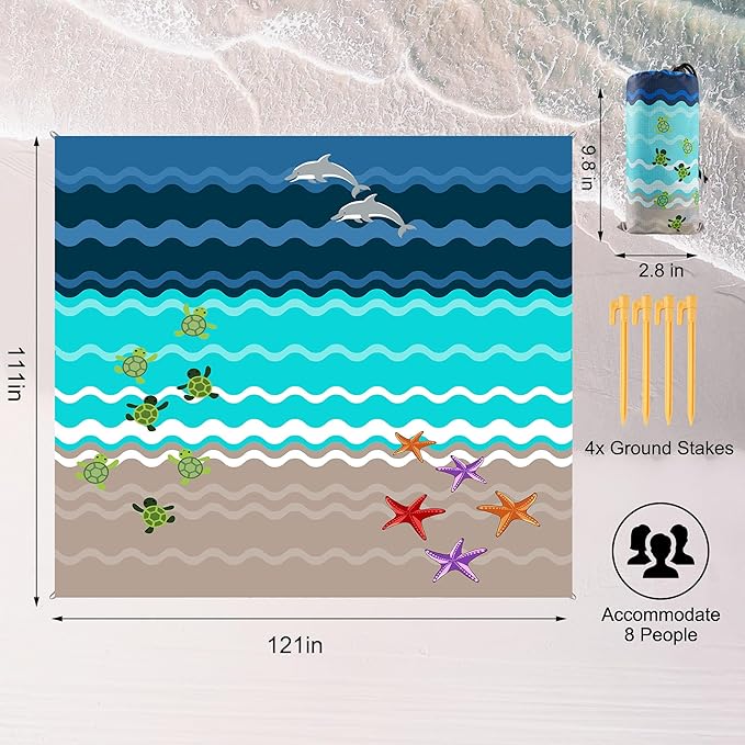 Beach Blanket Waterproof Sandproof, 111x121Inch Sand Free Beach Mat, Quick Drying, Light Weight and Portable Outdoor Picnic Mat for Travel, Camping