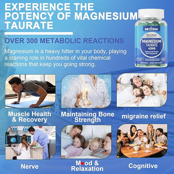 Magnesium Taurate 420mg + Vitamin B6 for Enhanced Absorption, Supporting Hēalthy Hēart, Zzzs, Relaxation, Nerve & Muscle Health – Vegan, Non-GMO, Gluten-Free, Sugar-Free, 60 Cts