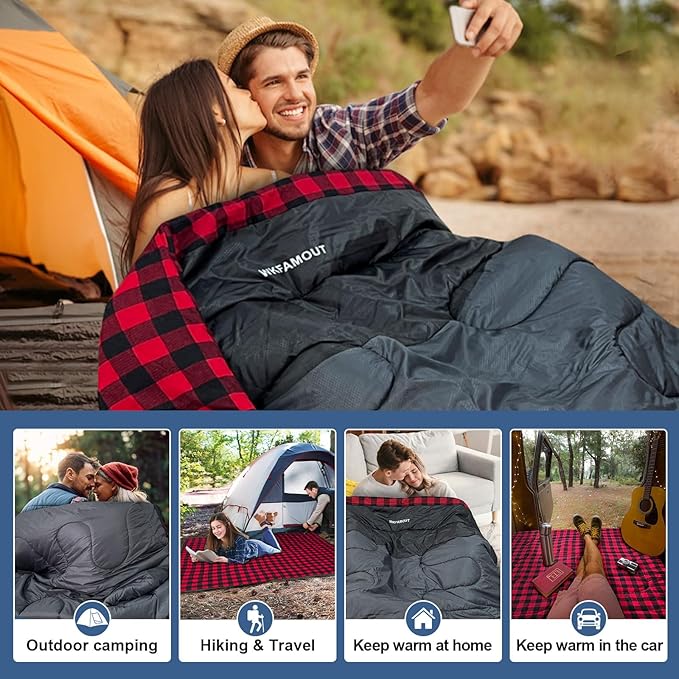 Cotton Flannel Double Sleeping Bag for Adults Machine Washable 2 Person Camping Sleeping Bag Queen Size Waterproof with Compression Sack for Cold Weather 3-4 Seasons