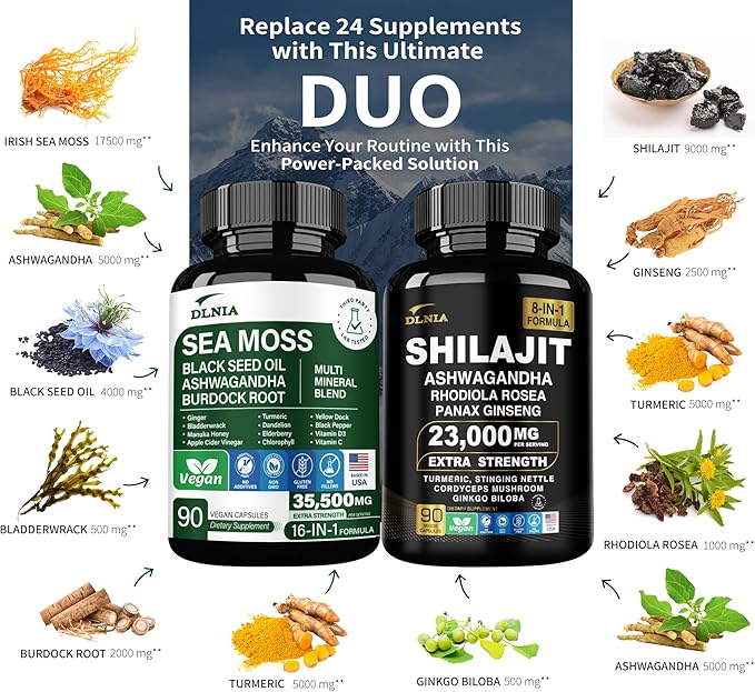 Shilajit 9000mg, Sea Moss 17500mg, Ginger & Black Seed Oil 4000mg, Ashwagandha 5000mg, Rhodiola Rosea, 1000mg Panax Ginseng 1500mg, All in 1 Supplement - Sea Moss & Shilajit Vitality Bundle