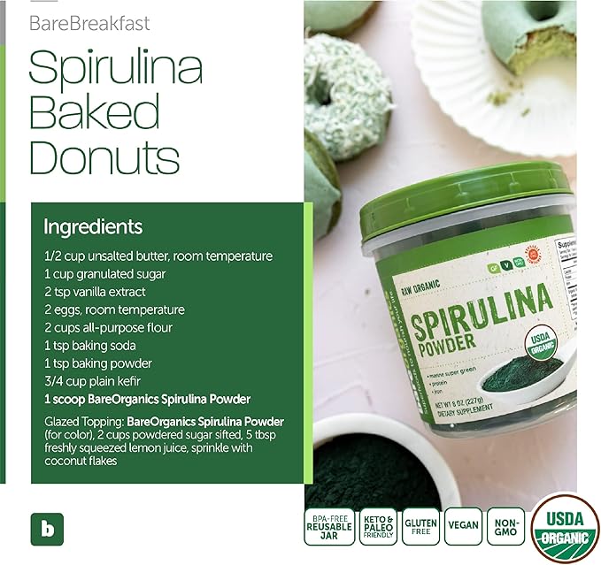 BareOrganics 13132 USDA Organic Raw Spirulina Powder, Whole Food Supplement, Gluten-Free & Non-GMO, 8 Ounce (Pack of 3)