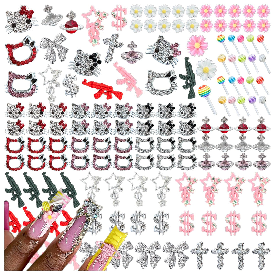 XIYONALI 124PCS Nail Charms for Acrylic Nails - Silver Jewels Cat Bow Planet Gun Dollar Sign Star Cross Resin Flower Candy Accessories for Art Supplies Manicure Craft DIY