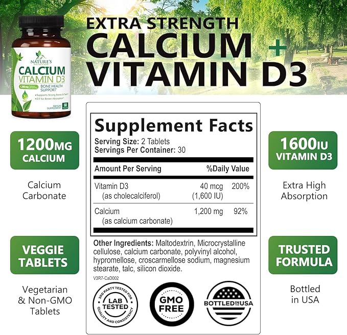 Calcium Supplement with Vitamin D - 1200 mg Calcium Carbonate with 1600 IU of D3 Vitamins - Supports Bone Strength, Teeth & Immune System - Natural & Easily Absorbable for Women & Men - 60 Tablets