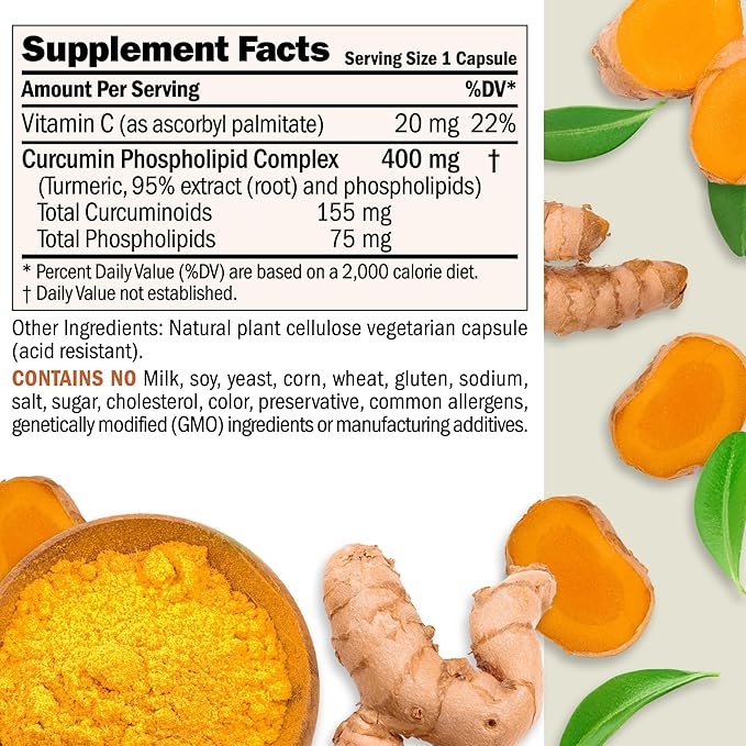 ANDREW LESSMAN Turmeric 400mg - 120 Capsules - 95% Curcuminoids as Phospholipid Complex for Optimum Benefits and Absorption, High Potency Standardized Extract, Small Easy to Swallow Capsules