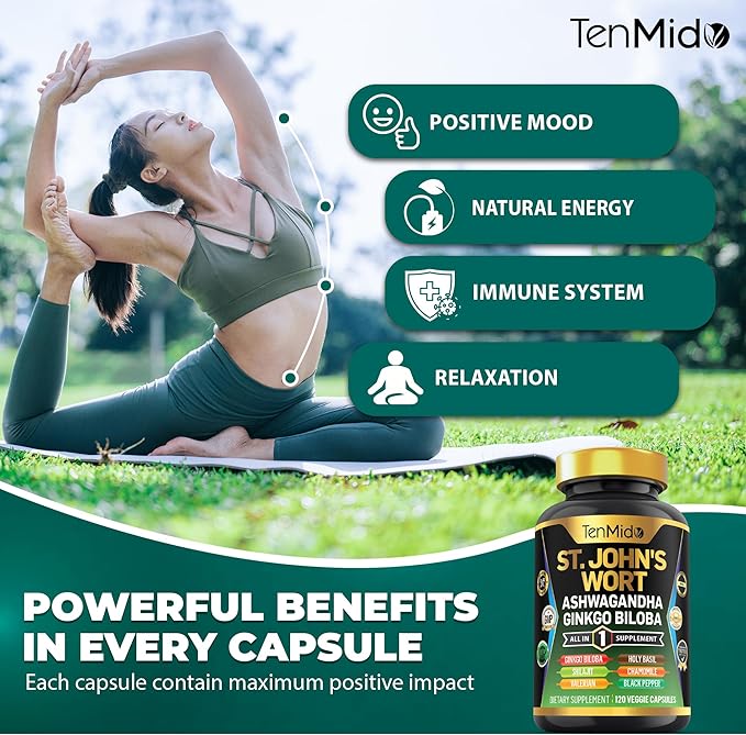 St.John's Wort Supplement - 8in1 Formula - Combine with Ashwagandha, Ginkgo Biloba, Shilajit, Valerian, Holy Basil, Chamomile, and Black Pepper - 120 Vegan Capsules for 4 Months Supply