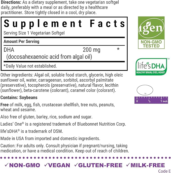 Bluebonnet Nutrition Ladies' One Prenatal DHA, Daily Nutrition for Prenatal Health*, Non-GMO, Vegan, Gluten-Free, 30 Vegetarian Softgels, 30 Servings