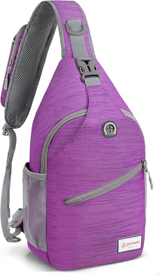 ZOMAKE Sling Bag for Women Men, Small Crossbody Sling Backpack, Mini Water Resistant Shoulder Daypack for Travel, Anti Thief Chest Bag for Hiking, Sports, Purple(Stripe)