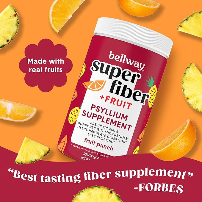 Bellway Super Fiber Powder + Fruit, Sugar Free Organic Psyllium Husk Powder Fiber Supplement for Regularity, Bloating Relief & Gut Health, Non-GMO, Plant-Based, Fruit Punch (50 Servings)