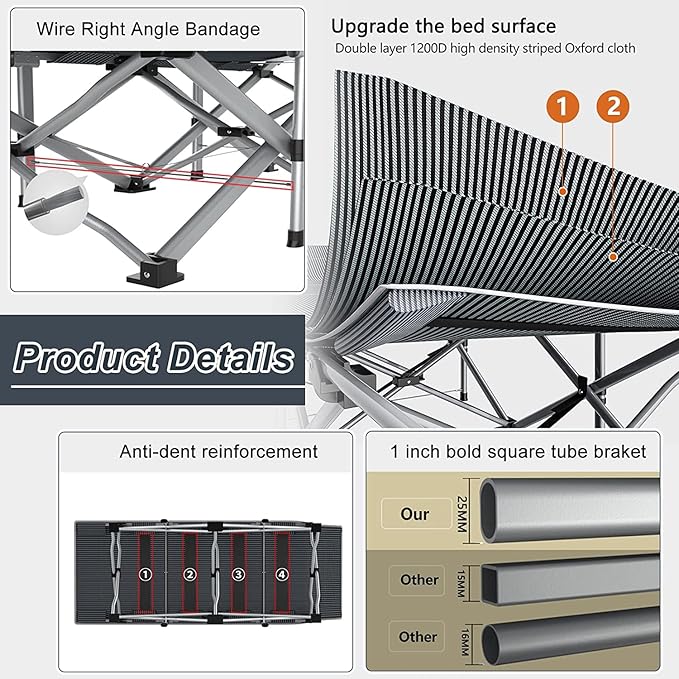 ABORON Folding Camping Cot W/Mat for Adults, Heavy Duty Outdoor Bed with Carry Bag,1200 D Layer Oxford Travel Camp Cots