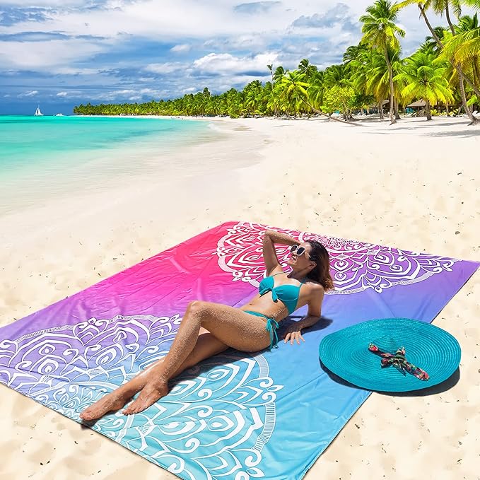 Beach Blanket Waterproof Sandproof Beach Mat 79" X 83" /10'x9'for 2-8 Adults Quick Drying Outdoor Picnic Mat Beach Accessories for Travel, Camping, Hiking