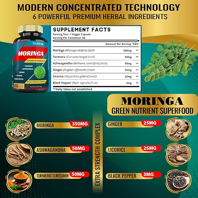 2 Packs Moringa Capsules, 4 Months Supply with Turmeric, Ashwagandha, Ginger, Licorice, Black Pepper | Immune Support, Energy Booster | Oleifera Leaf Herb Supplements