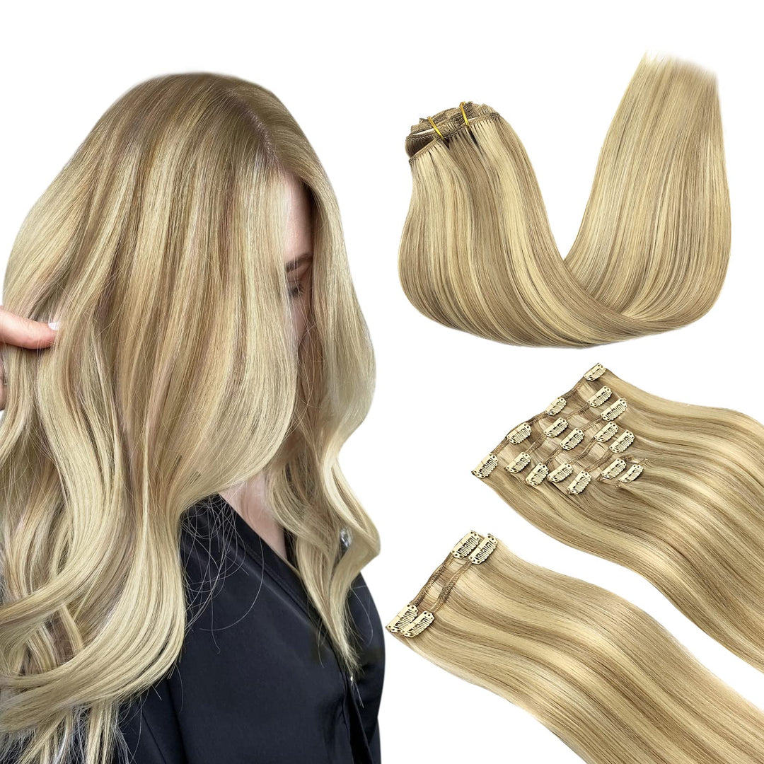 Maxita Hair Extensions Clip In Real Human Hair, Balayage Light Blonde Highlighted Golden Blonde 9Pcs 18 Inch Hair Extensions, 15
