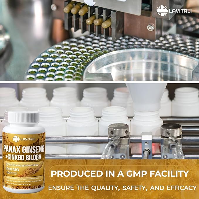 Ginseng & Ginkgo Biloba 100 Veggie Capsules, Energy Ginseng Root Extract Powder, with Ginkgo Biloba Extract, 100% Natural & Non-GMO, Vegan, Gluten Free, Dairy Free