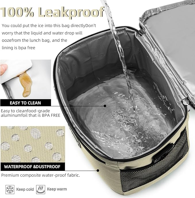 BEIMILY Lunch Box for Men/Women,Small Insulated Lunch Bag,Reusable LunchBox for work Picnic Beach,Leakproof Soft Cooler Tote Bag Organizer with Adjustable Shoulder Strap for Adults (Light Khaki)