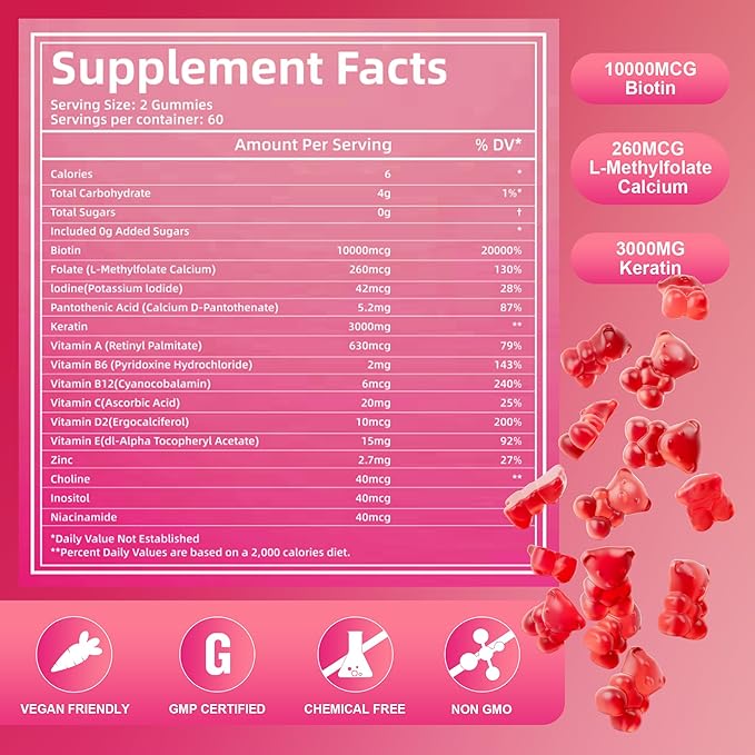 Biotin Gummies for Hair, 120 Sugar Free Gummies Skin and Nails - Extra Strength 10,000mcg, Vegan Vitamins for Men & Women, Supports Faster Hair Growth and Stronger Nails