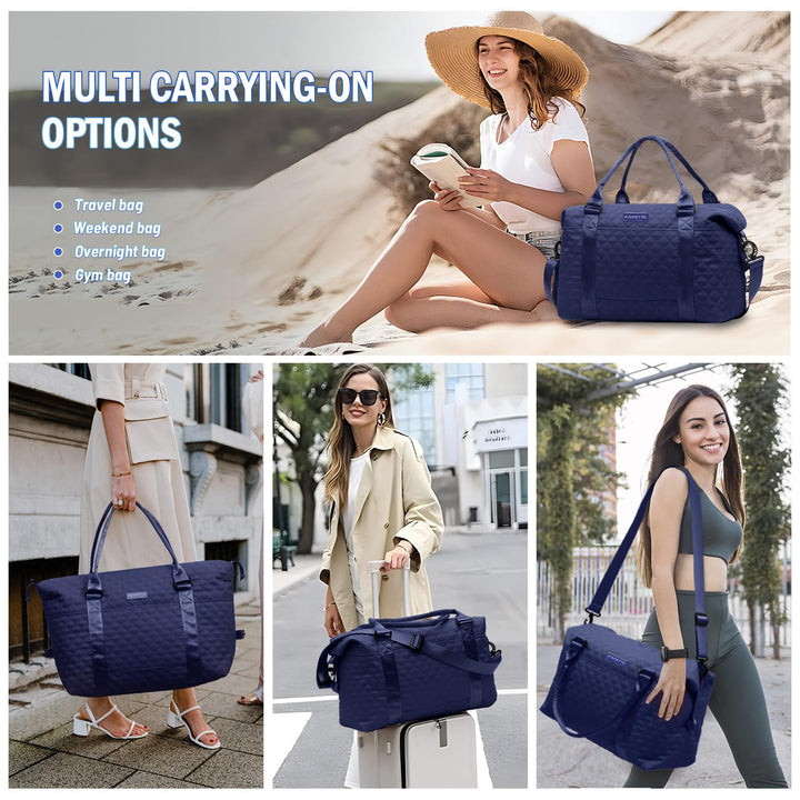FIORETTO Women's Water-Resistant Travel Gym Duffle Bag with Detachable Strap, Multi-Functional, Ideal for Travel, Gym, Sports, Weekender, DUffel, with Toiletry Bag, Navy Blue
