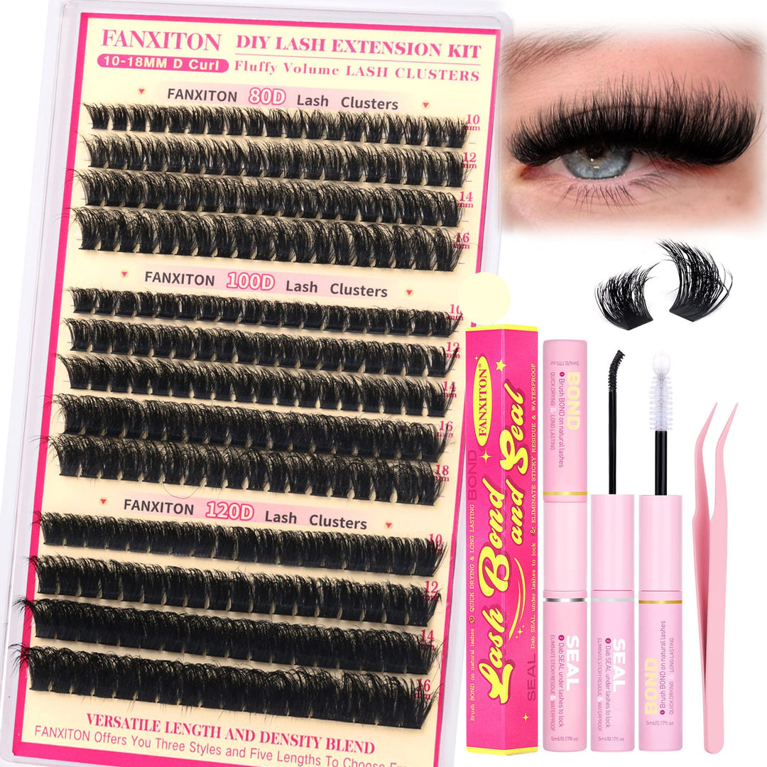 Fluffy Lash Clusters Kit Thick Lash Extension Kit D Curl Volume Lash Clusters 80D+100D+120D Eyelash Clusters Kit 10-18mm Eye Lash Clusters Wispy Individual Lashes with Bond and Seal