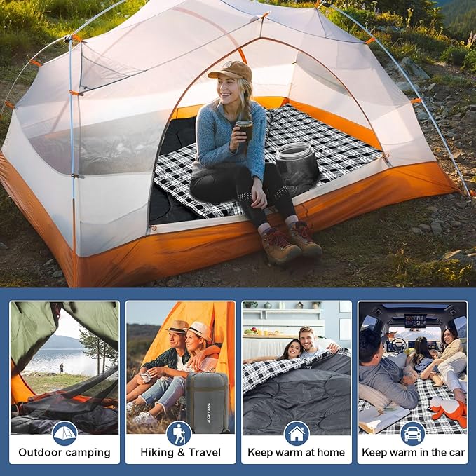 Cotton Flannel Double Sleeping Bag for Adults Machine Washable 2 Person Camping Sleeping Bag Queen Size Waterproof with Compression Sack for Cold Weather 3-4 Seasons