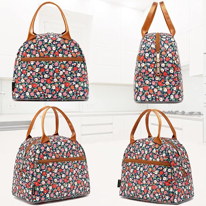 FlowFly Insulated Lunch Bag for Women, Men, and Kids, Large and Reusable, Handle, Freezable Work and School Travel Tote and Meal Prep Organizer, Waterproof Polyester,Floral