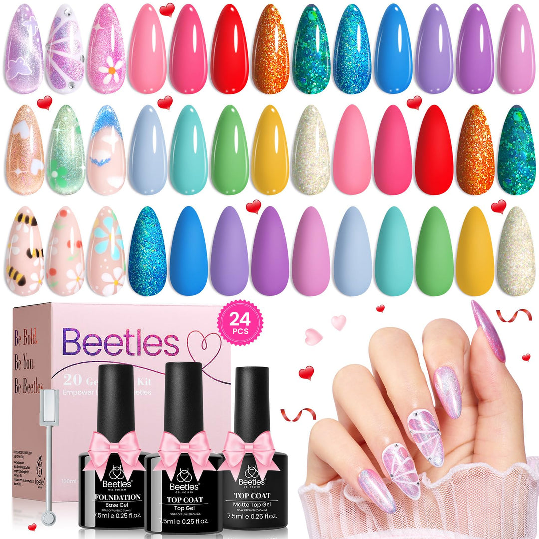 Beetles Spring Gel Nail Polish Set, 24 Pcs 20 Colors Rainbow Pastel Neon Cat Eye Pink Purple Glitter Red Green Gel Nail Polish K