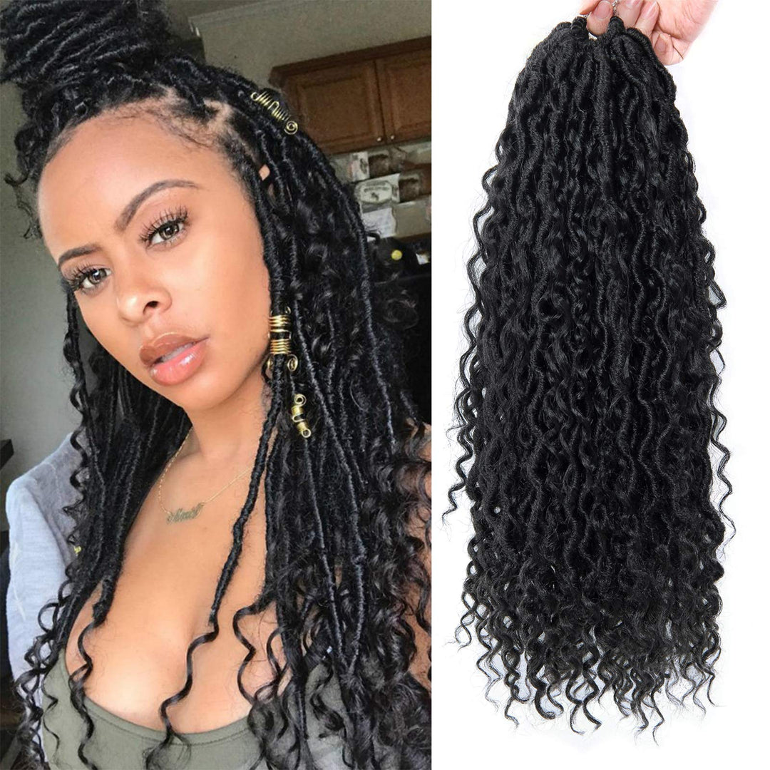 New Goddess Locs Crochet Hair Extensions 18Inch Pre-Looped River Fauxs Locs Wavy Curly Fauxlocs Bohemian Crochet Braids 4Packs(1