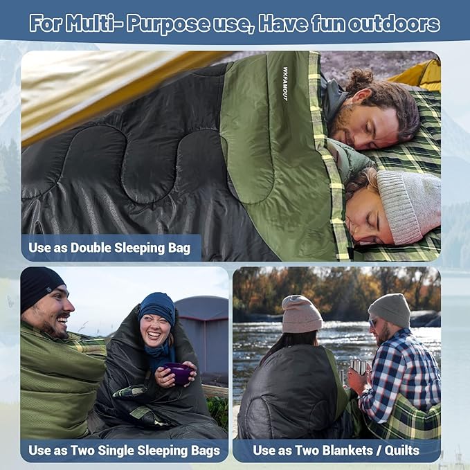 Cotton Flannel Double Sleeping Bag for Adults Machine Washable 2 Person Camping Sleeping Bag Queen Size Waterproof with Compression Sack for Cold Weather 3-4 Seasons