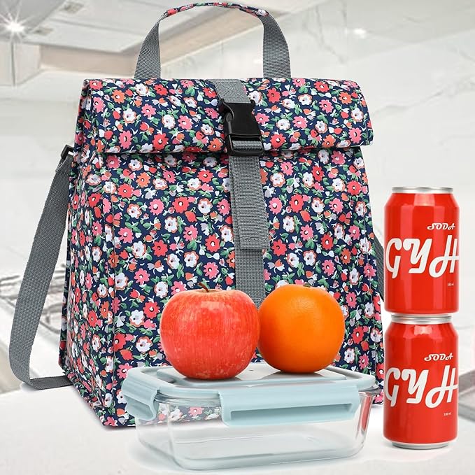 Insulated Lunch Bag for Men/Women/Kids, Roll top Reusable Lunch Box with Adjustable Shoulder Strap, Thermal Lunch Cooler Tote Container for Adults/Teens School Work Office Picnic,Floral