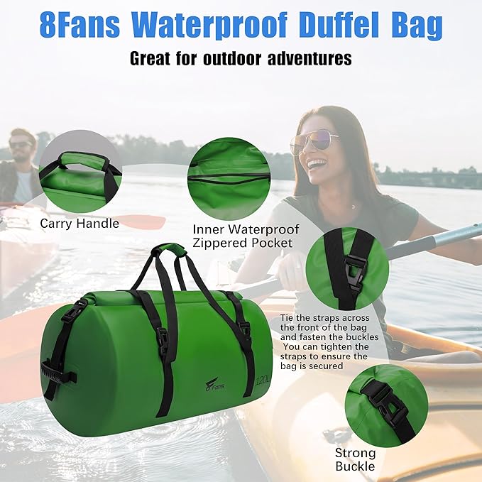 8 Fans Extra Large Waterproof Duffle Bag,Heavy Duty Travel Dry Bag with Durable Straps & Handles, Ideal for Kayaking,Paddleboarding,Boating,Rafting,and Fishing (Green, 120L)