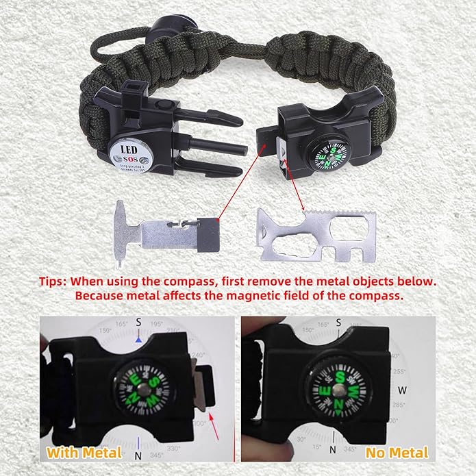 Adjustable Survival Paracord Bracelet, 2 Pack Emergency Fire Starter Kit with Loud Whistle Compass Light Flint Steel for Hiking Fishing Hunting, Tactical Gear Equipment Multitools