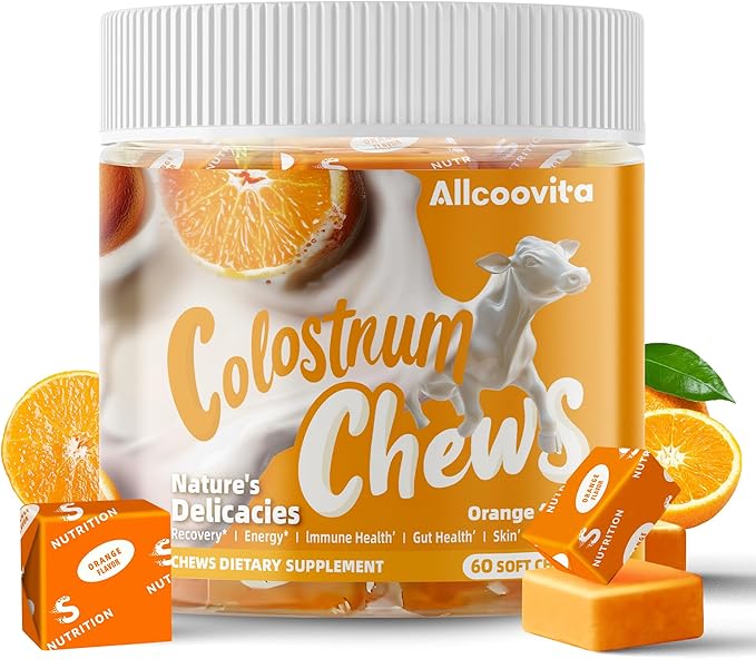 Bovine Colostrum Chews Supplement with probiotics for Gut Health, Bloating, Immune Support, Skin, Hair Growth and Beauty - Orange Flavor (60 Servings)