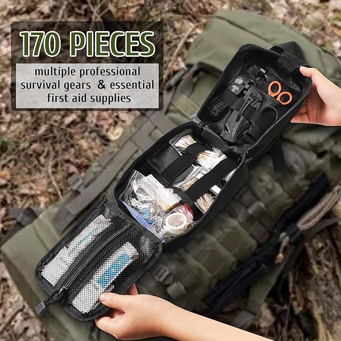 Survival First Aid Kit, 170 PCS Survival Kits,Trauma Kit with Essential Survival Gear Emergency Medical Supplies for Hiking Camping Backpacking Outdoor Adventure, Gifts for Christmas Him Dad Men