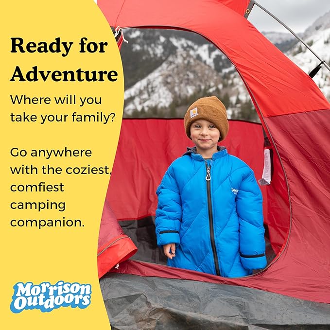 Big Mo 40° Kids Sleeping Bag (Ages 18-36m). The Coziest, Funnest Camping Sleeping Bag for Kids with Adjustable Cuffs.