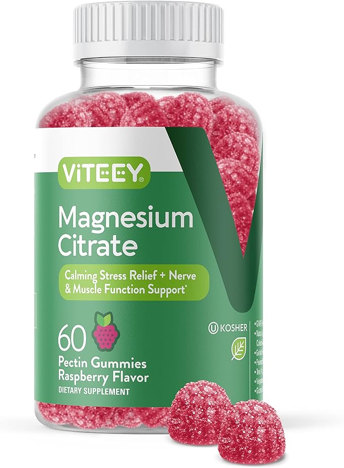 Magnesium Citrate Gummies for Adults & Teens - 66mg, Supports Calm Mood, Optimal Relaxation, Muscle Function - Vegetarian, Gelatin Free, GMO Free - Tasty Chewable Raspberry Flavored Gummy