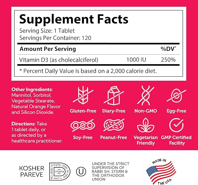 Zahler Junior D3 Vitamins 1000 IU - for Kids - Vitamin D for Kids to Support Bone, Teeth & Immune Health - Kosher Orange Flavor - 120 Count.